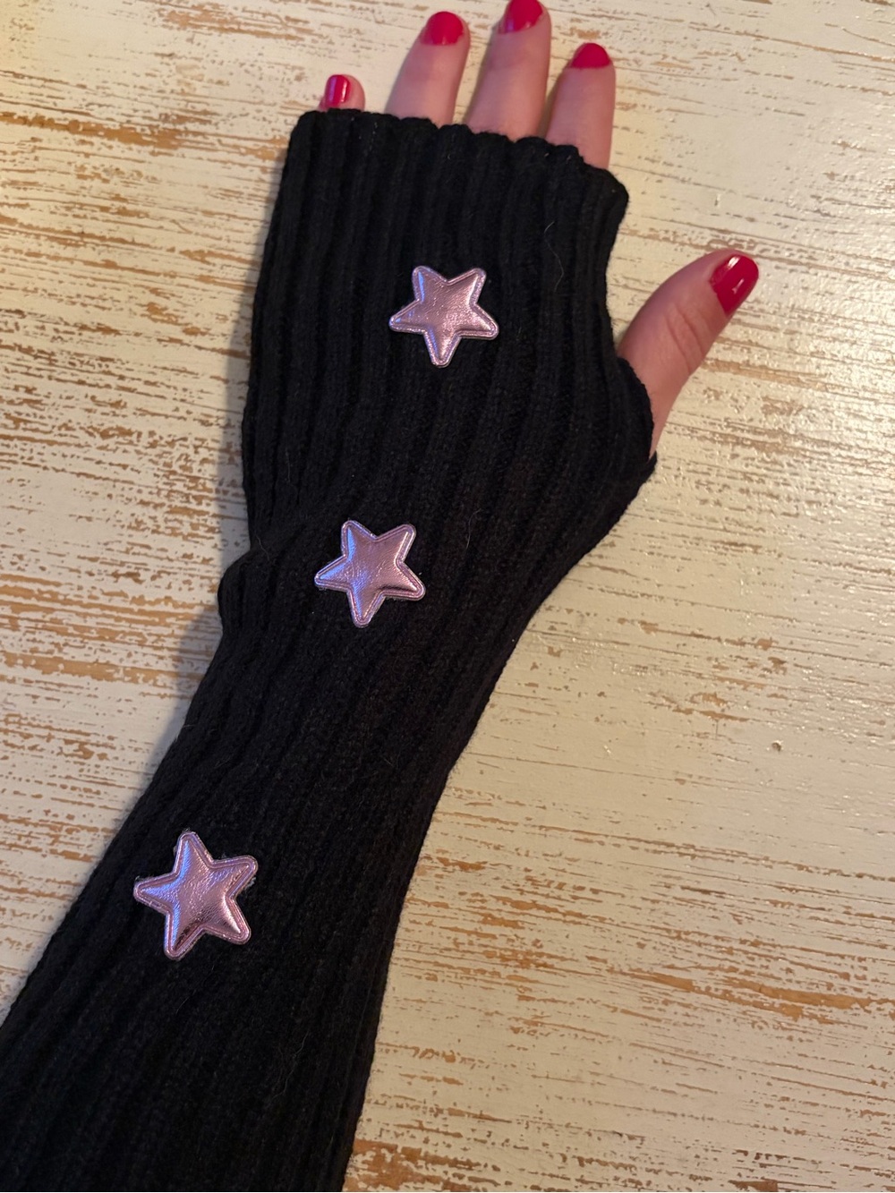 Black Ribbed Fingerless Arm Warmers with Pink Star Appliqués